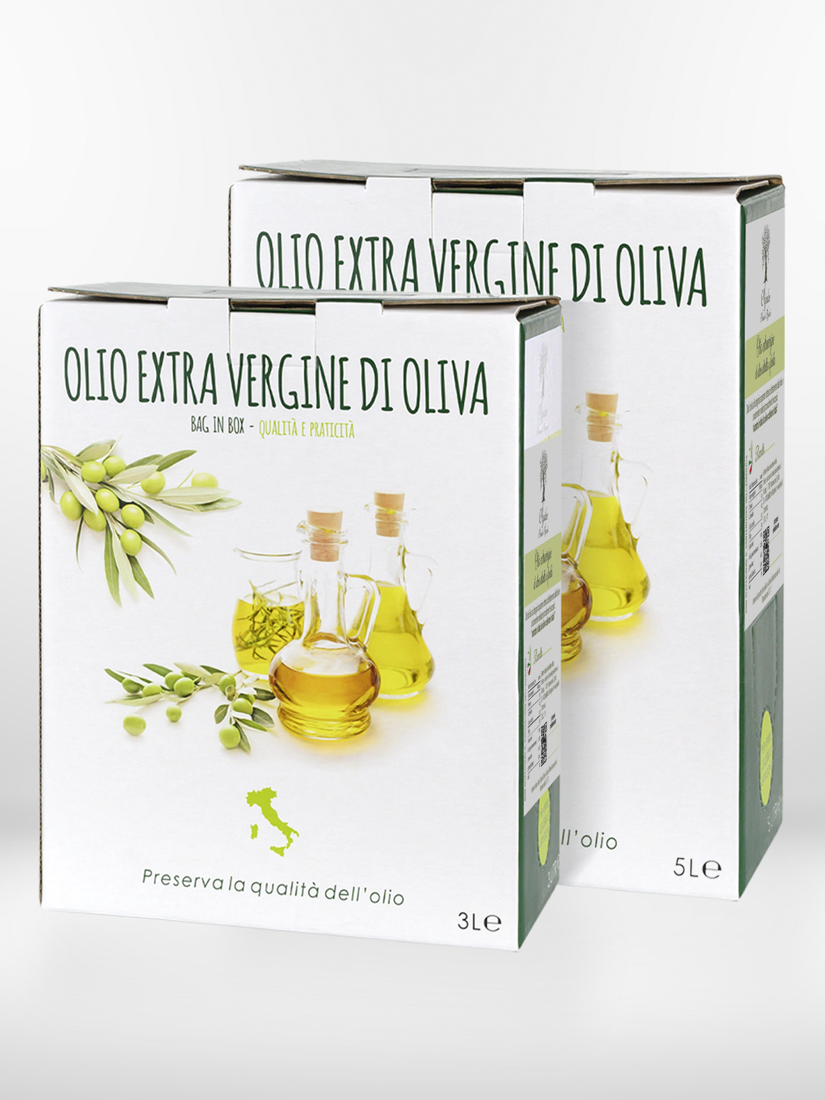 Packaging of olive oil, bag in box format of 5 liters and 3 liters, produced in Puglia, Agridue brand.