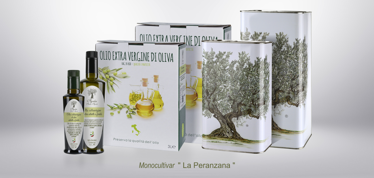 Confezione di olio d'oliva monocultivar agridue con design accattivante.