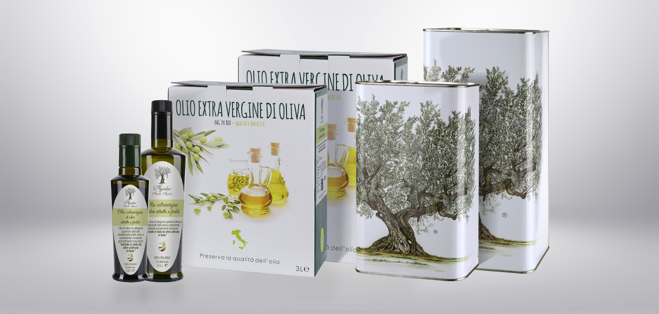 Confezione di olio d'oliva multivar agridue con design accattivante.